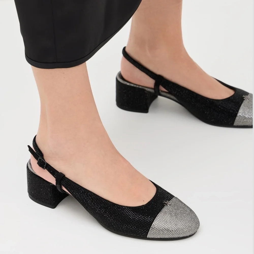Tory Burch Cap Toe‎ Pave Slingback Heels in Black Silver Size 7